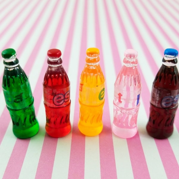 5  Miniature Soda Bottle Cabochons, Kawaii Doll House Drink Cabs 998A