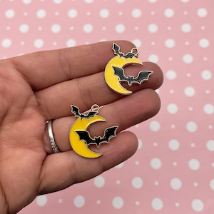 3 Gold Tone Black Enamel Vampire Bat and Moon Charms, Spooky Halloween Pendants, F496
