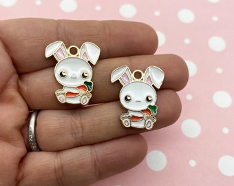 4 Cute White 24mm Enamel Bunny Holding a Carrot Charms, Gold Plated Easter Rabbit Enamel Pendants, F442