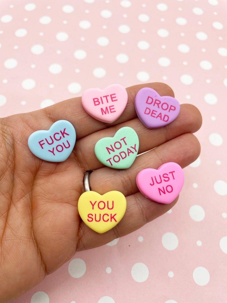 6 Multicolor Mean Curse Word Conversation Heart Resin Cabochons, Valentines Day Cabs, Mean Bin image 2