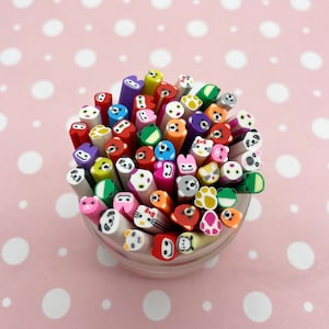 Ten 50mm Long and 5mm Wide Animal or Character Polymer Clay Canes Fruit Slices, Fimo Canes f310