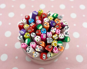 Ten 50mm Long and 5mm Wide Animal or Character Polymer Clay Canes Fruit Slices, Fimo Canes f310