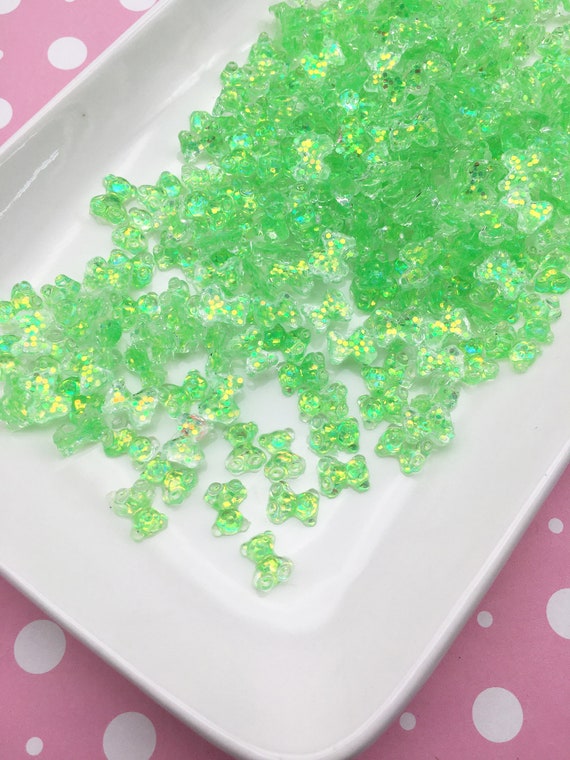 10 Tiny Spring Green Glittery Bear Cabochons for Nail Decoration
