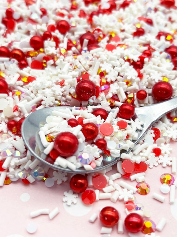 KRINGLE MINGLE Red and White Christmas Xmas Caviar Pearl Sprinkles, Polymer Clay Fake X-mas Table Scatter, Tumbler Shaker Slime Supply V73