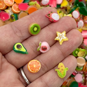 May include: A selection of miniature fruit charms, including a kiwi, dragon fruit, star fruit, peach, orange slice, avocado, and corn. The charms are brightly coloured and are mixed with other fruit-themed decorations.