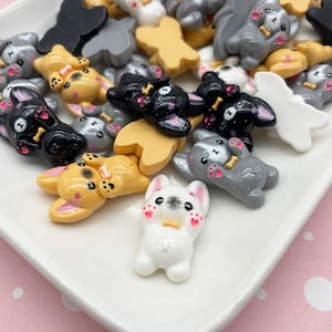 4 Cute Kawaii French Bulldog Dog Puppy Cartoon Character Cabochons, Flat Backed Frenchie Resin Cabs 150