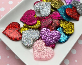 6 Big Glitter Heart Resin Cabochons, Cute Bling Cabs 775b