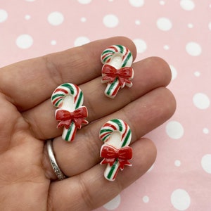 10 Flatbacked Resin Candy Cane X-mas Christmas Peppermint Cabochons, Cute Xmas Flat backed Holiday CandyCane Acrylic Plastic Cabs Dh148b