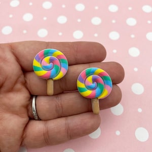 5 Pastel Swirl Flatbacked Resin Lollipop Cabochons, Lollypop Fake Candy Flat Backed Acrylic Plastic Cabs 998B