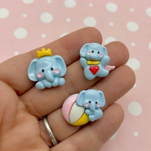 6 Cute Kawaii Elephant Flat Backed Resin Character Cabochons, Flatbacked Acrylic Plastic Cabs, Great for Jewelry Slime, Decoden etc, 1078a
