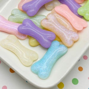 3 Huge 40mm Glittery Pastel Flatbacked Pastel Resin Dog Bone Cabochons, Flat Backed Acrylic Plastic Glitter Dog Treat Cabs, 195a