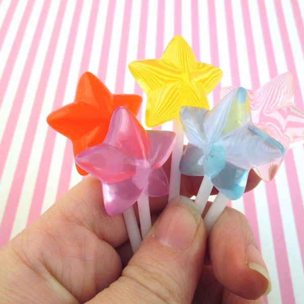 5 Fake Bake Star Lollipops, Cute Glitter Faux Candy Cabochon Cabs,  LOL 1