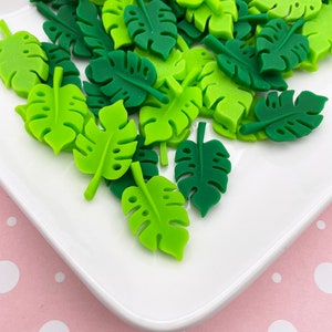 6 Green Resin Monstera Leaf Cabochons, Resin Leaves, Faux Acrylic Spring Flora Cabs, #378