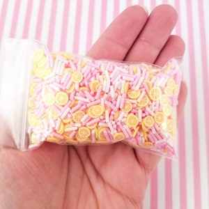 RASPBERRY LEMONADE, Pastel Pink and Pink Polymer Clay Fake Sprinkles with Lemon Slices, Decoden Funfetti Jimmies, E45 image 3