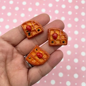 Three Flatbacked Resin Strawberry Berry Topped Miniature Waffle Breakfast Cabochons, Flat Backed Acrylic Plastic Cabs 1125a