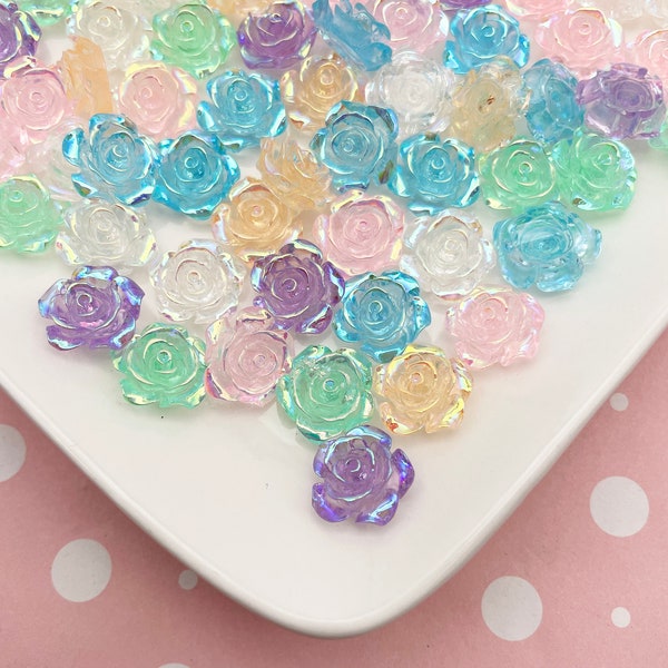 Twelve 15mm Pastel AB Rose Cabochons, Cute Transparent Flower Cabs