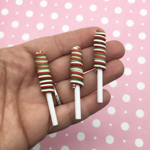 3 Red Green and White Christmas Polymer Clay Lollipop Candy Cabochons - Fake Bake Xmas Decoden Lollypop Sweets, 1578a