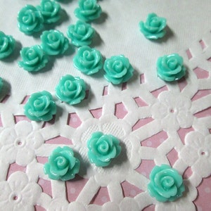 12 Aqua Blue Green 10mm rose flatbacked resin flower cabochons, cute flat backed acrylic plastic floral cabs
