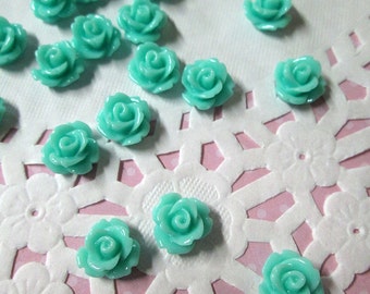 12 Aqua Blue 10mm rose flower cabochons, cute flower cabs