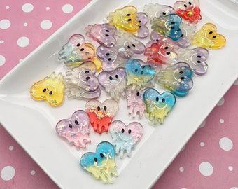 5 Glittery Resin Drippy Smiling Heart Cabochons #290