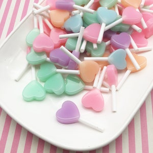 3 SMALL Pastel Fake Candy Heart Lollipop Cabochons, Heart Candy, Valentines Day's Cabs, #1046