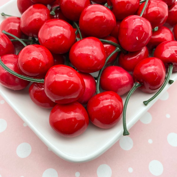 Ten 3D B Grade Large Life-size Cherry Cabochons, Foam  Filled Cherries,