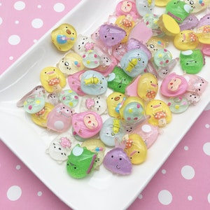 6 Sparkly Kawaii Animal Character Flatbcked Cabochons, Cute Duck, Snail, cats, Dinosaur Flat Backed Cabs #1229