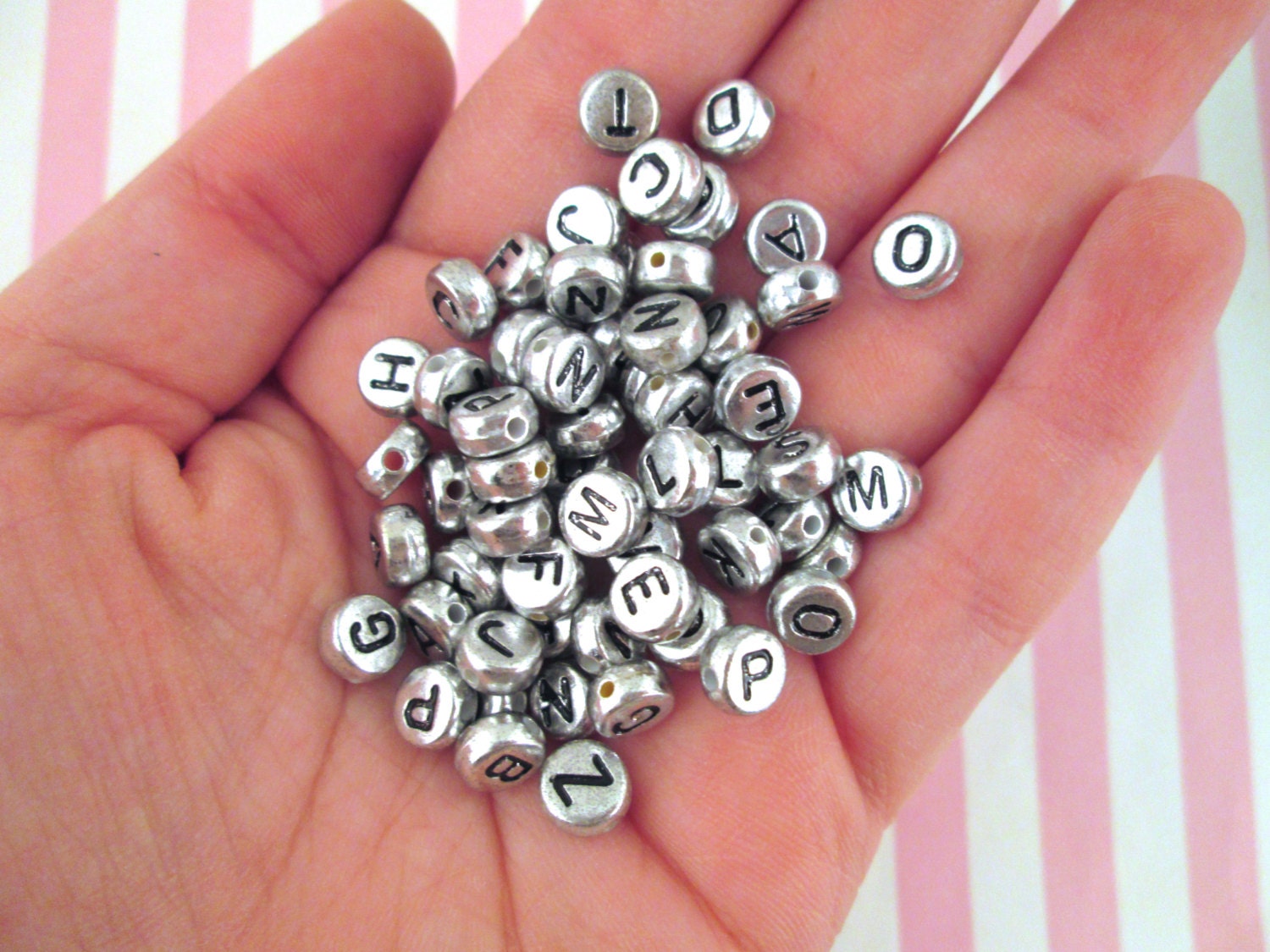 100 Silver and Black 7mm Alphabet Beads, Acrylic Metallic Letter Beads J7