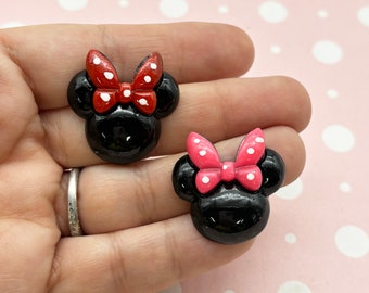 6 Black Mouse Ear with Red and Pink Flatbacked Resin Bow Cabochons, 25mm Flat Backed Acrylic Plastic Cabs 1329