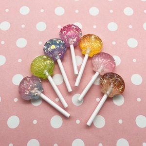 3 Glittery Flatbacked Pastel Rainbow Resin Seashell Lollypops, Fake Bake Flat Backed Acrylic Plastic Glitter Sea Shell Lollipops 1080
