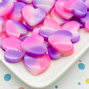 6 Pink Purple Glitter Flatbacked Resin Heart Cabochons, Kawaii Marbled Valentines Day Flat Backed Acrylic Plastic Cute Bling Cabs 458a