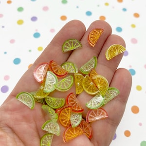 30 cabochon piccoli a chiodo in resina con retro piatto, lime e arancia, fette di frutta in plastica acrilica con retro piatto, agrumi, L437