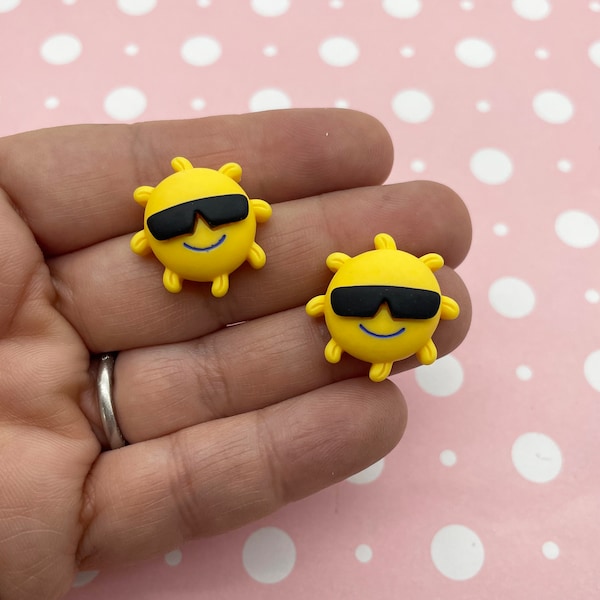 6 Matte Smiling Yellow Sun Cabochons, Sweet Kawaii Cabs 953b