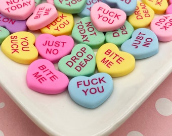 6 Multicolor Mean Curse Word Conversation Heart Resin Cabochons, Valentines Day Cabs 1533