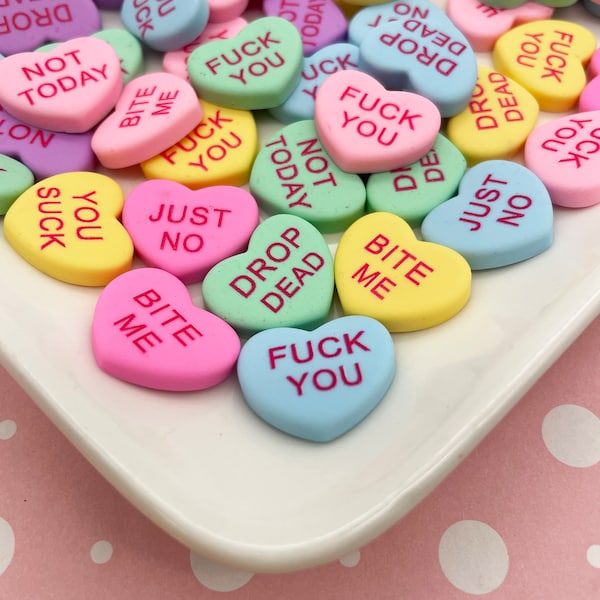 6 Multicolor Mean Curse Word Conversation Heart Resin Cabochons, Valentines Day Cabs 1533