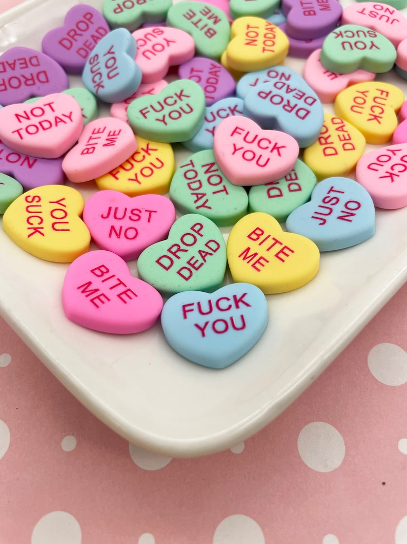 6 Multicolor Mean Curse Word Conversation Heart Resin Cabochons, Valentines Day Cabs, Mean Bin image 1