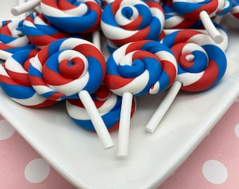 Three 4th Of July Polymer Clay Lollipop Candy Cabochons, Patriotic Fake Lollypop Candies 1585