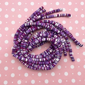 Purple and White Polymer Heishi beads Clay Disk Beads, One Strand, H397