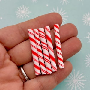 15 Polymer Clay Red Xmas Peppermint Swirl Candy Chrismas Cane Sticks, X-mas Cute Fake Mint Sweets, 246