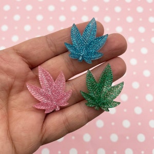 3 Multicolor Glitter Flatbacked Resin Pot Leaf Cabochon Charms, 30mm Marijuana, Weed, Hemp, Cannabis Flat Backed Acrylic Plastic Cabs 1145