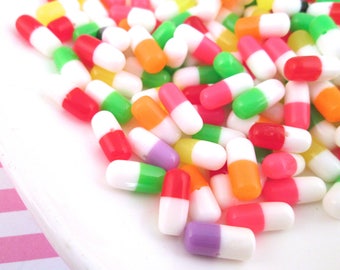 20 Multicolor Plastic Pill Capsule Beads, Half Drilled Beads, #771