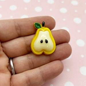 8 Yellow Flatbacked 31mm Pear Resin Kawaii Cabochons, Cute Flat Backed Acrylic Plastic Fruit Cabs 186