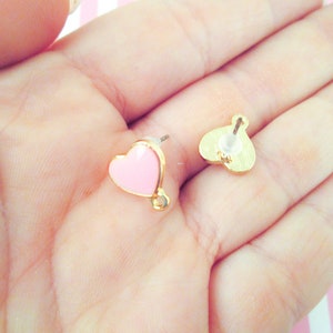 1 Pair Gold Plated Pink Enamel Heart connecter earring posts with charm loop, pink heart ear stud connector findings F410 image 2