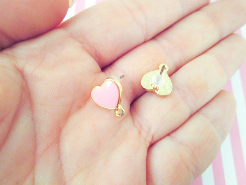 1 Pair Gold Plated Pink Enamel Heart connecter earring posts with charm loop, pink heart ear stud connector findings F410 image 2