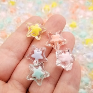 20 Clear with Multicolor centers Star Beads, 16mm Kawaii beads J122