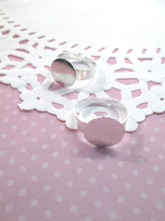 5 Silver Plated  12mm Round Glue on Pad Adjustable Ring Blanks, Diy Jewelry Finding Bases, A62