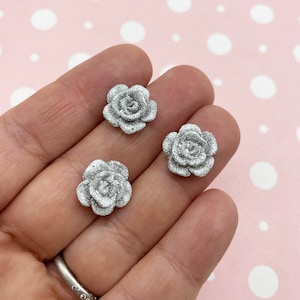 15 Silver Glitter 12mm Flower Rose Flatbacked Resin Cabochons, Flat Backed Acrylic Plastic Floral Cabs