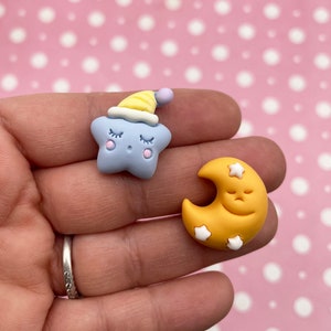 4 Matte Pastel Sleepy Star and Moon Flatbacked Resin Cabochons, Sweet Kawaii Blue and Yellow Flat Backed Acrylic Plastic Cabs, #316