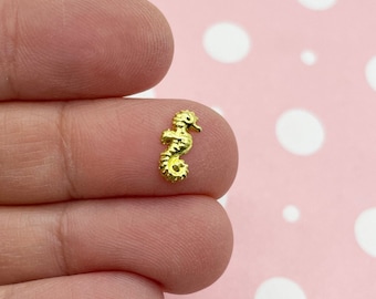 50 Tiny 3d Gold Tone Metal Seahorse Flatbacked Cabochons, 10mm Ocean Themed Cute Kawaii Flat Backed Nail Cabs 1795