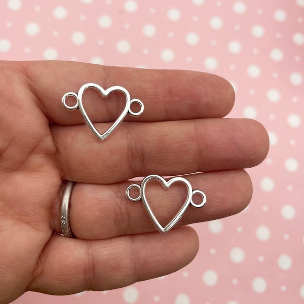 15 Flat Backed Silver Plated Open Bezel Heart Charm Connectors, Great for UV Resin, #F32B